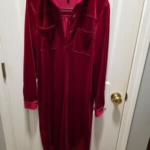 ​Umgee Burgundy Red Velvet Button Down Long Sleeve Midi Shirt Dress Size Small
